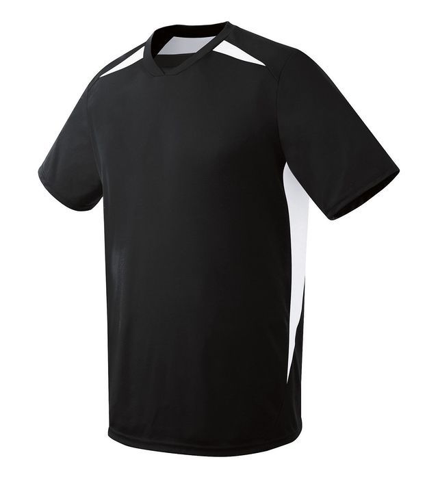 Black and white athletic t-shirt with v-neck and white shoulder and side panels.