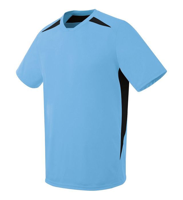 Light blue athletic shirt with black shoulder and side panels.