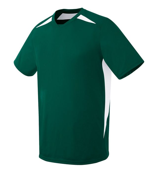 Green and white athletic shirt with white shoulder and side accents.