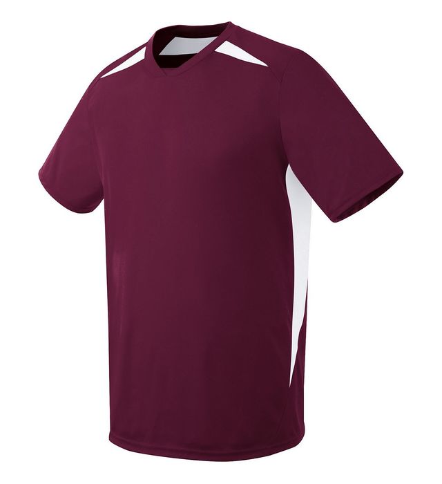 Maroon athletic shirt with white shoulder and side accents.