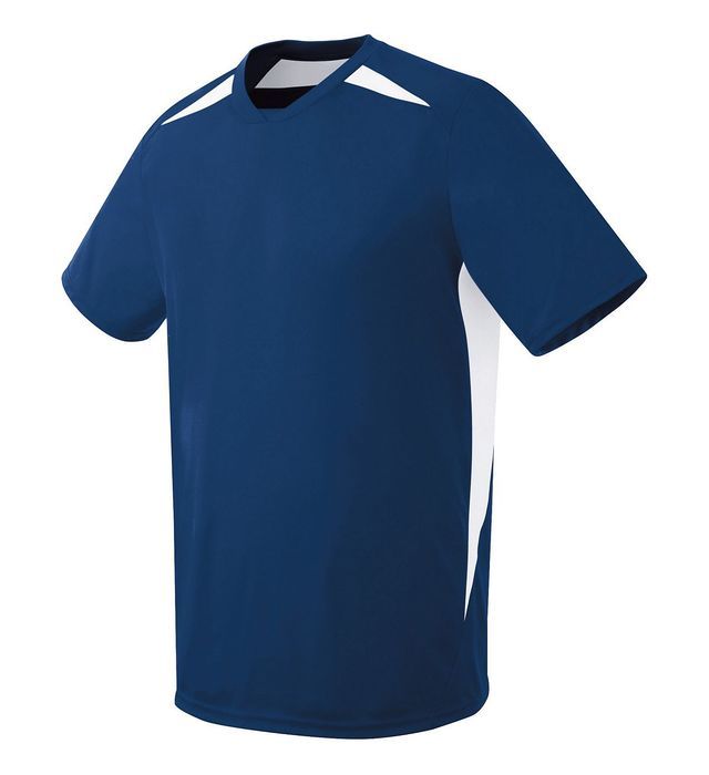 Navy blue and white athletic t-shirt with crew neck and contrasting side and shoulder panels.