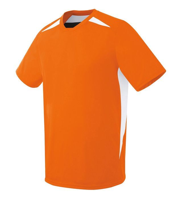 Orange athletic t-shirt with white shoulder and side accents; crew neck.