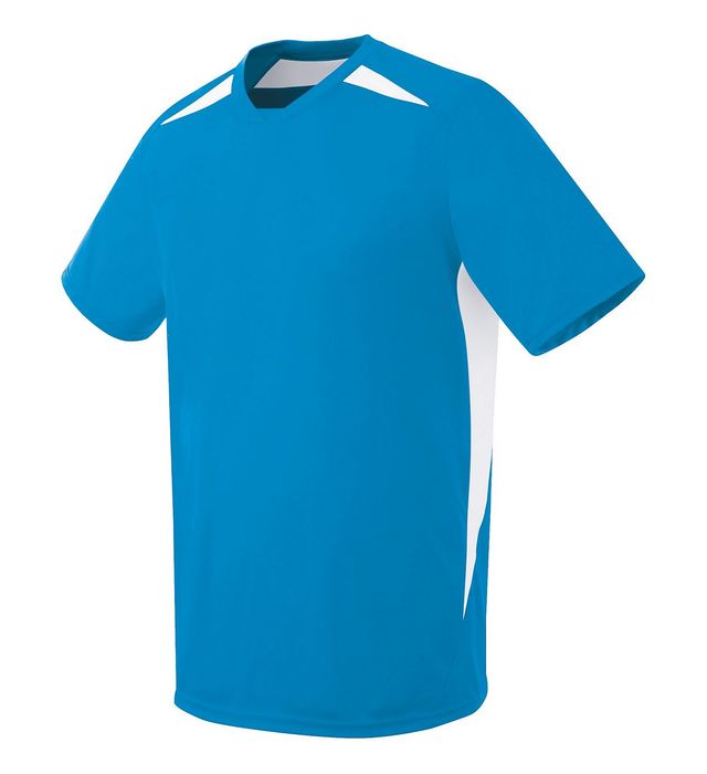 Blue athletic shirt with white accents on the shoulders and sides.