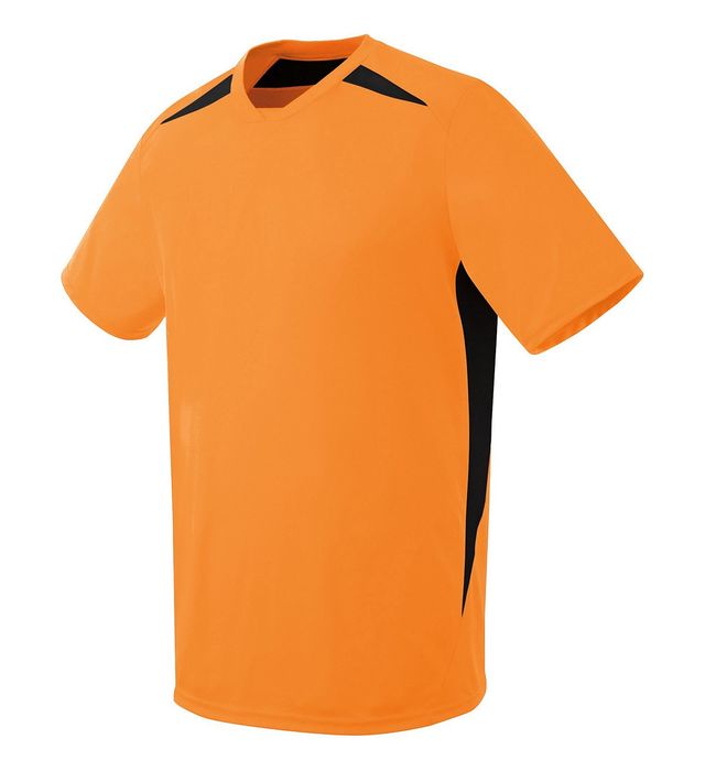 Orange athletic shirt with black shoulder and side panels.