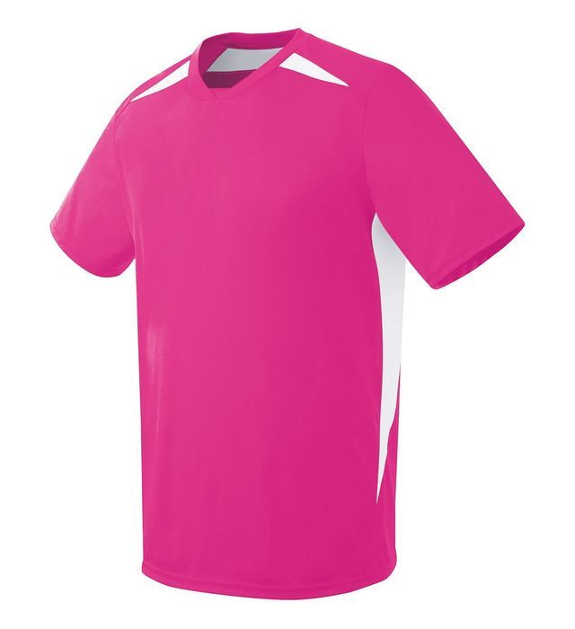 Pink and white athletic t-shirt with v-neck and side panels.