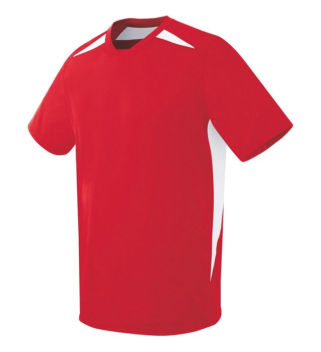 Red and white athletic shirt.