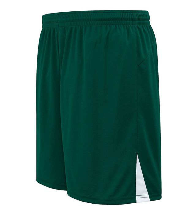 Dark green athletic shorts with white side accents.