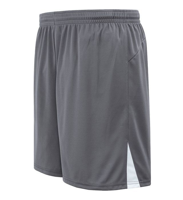 Gray athletic shorts with white side panel.
