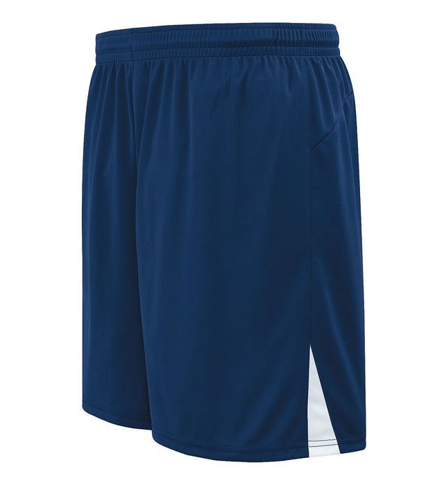 Navy blue athletic shorts with white side accents.