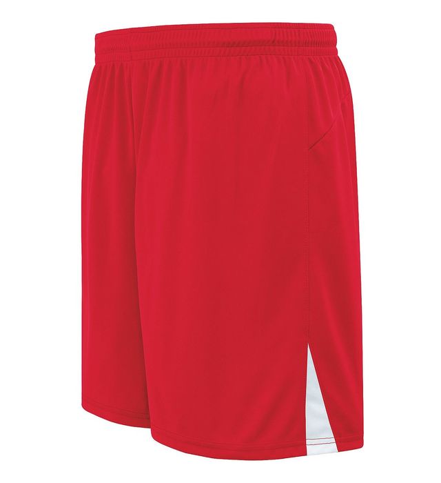 Red athletic shorts with a white side panel and elastic waistband.