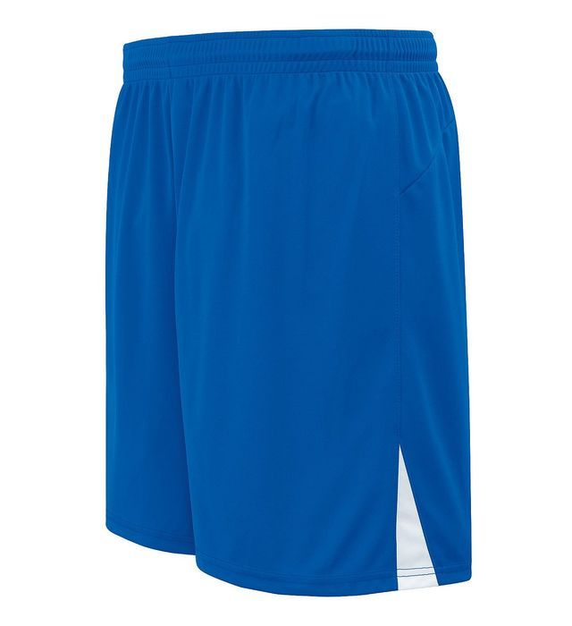 Blue athletic shorts with white side accents.