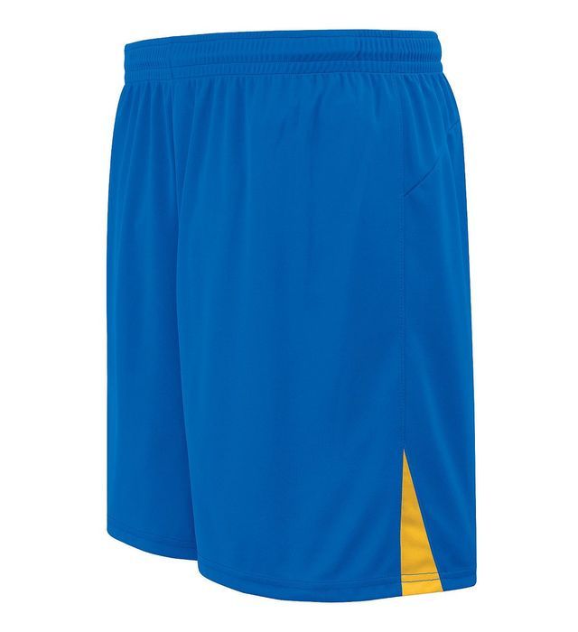 Blue athletic shorts with a yellow stripe on the side.