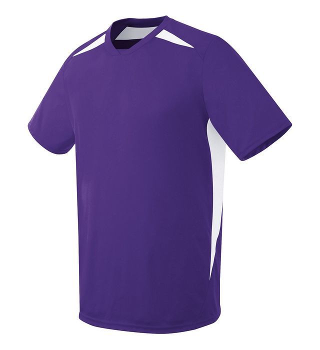 Purple athletic shirt with white shoulder and side panels.