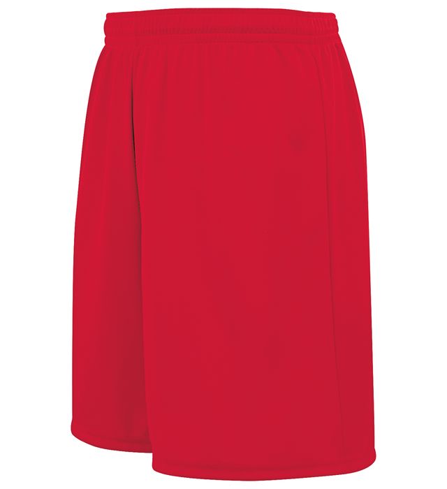 Red athletic shorts with elastic waistband.