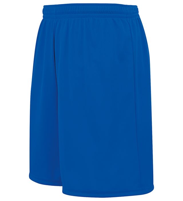 Blue athletic shorts with drawstring waistband.