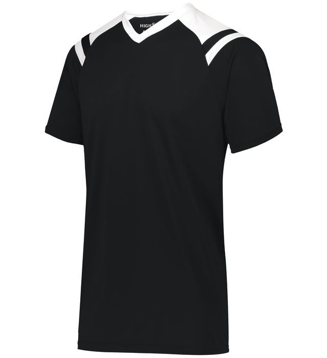 Black v-neck t-shirt with white shoulder and neckline accents.