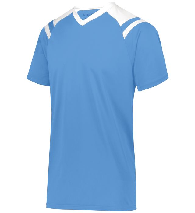Light blue athletic shirt with white shoulder and collar accents.