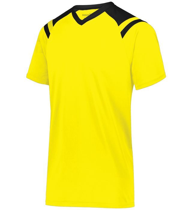 Yellow athletic shirt with black shoulder and neckline accents.