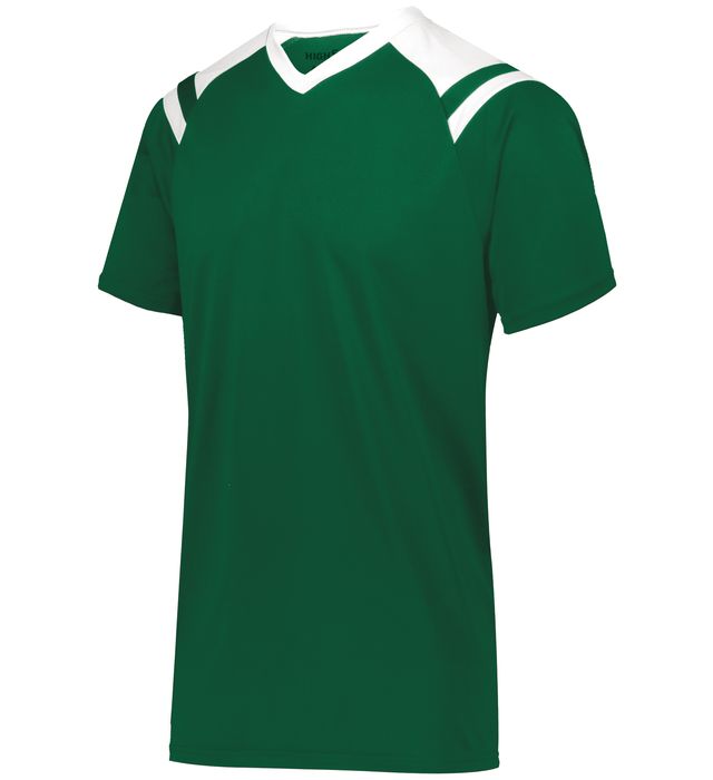 Green and white athletic shirt with V-neck and shoulder panels.