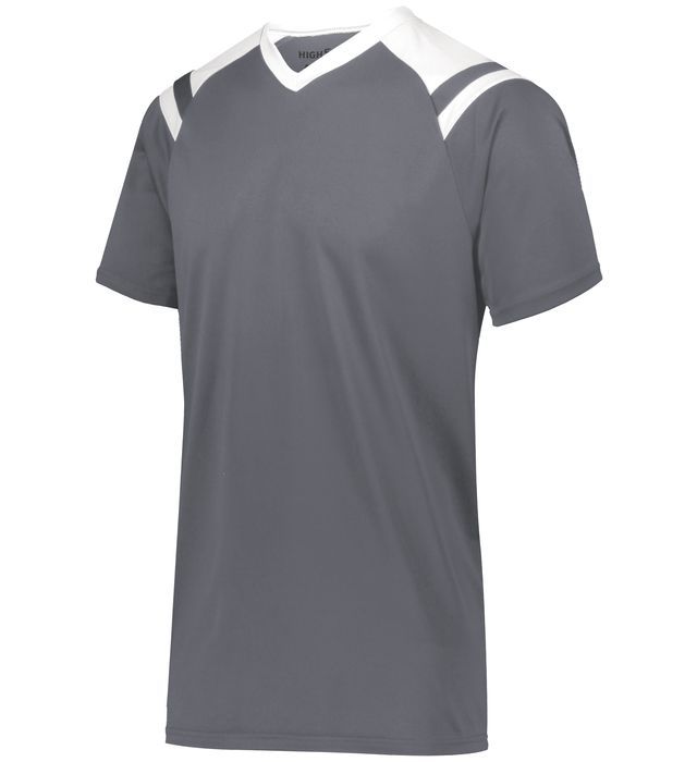 Gray athletic shirt with white shoulder and neckline accents.