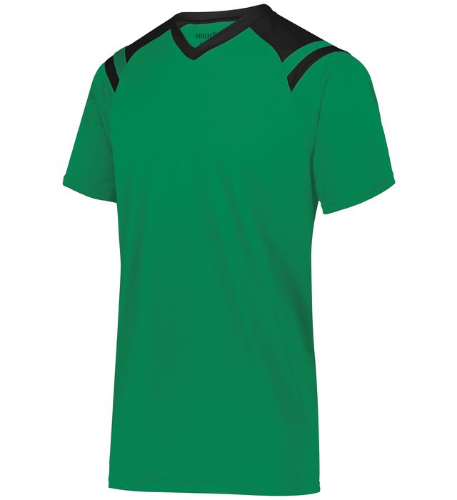 Green athletic shirt with black shoulder and neckline accents.