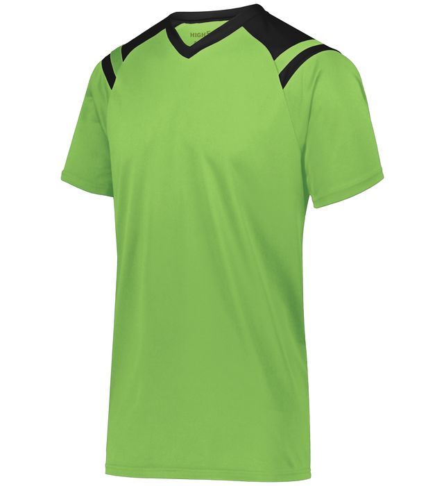Lime green athletic t-shirt with black shoulder and neckline accents. V-neck.