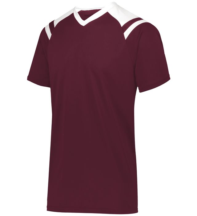 Maroon and white V-neck t-shirt with white shoulder accents.