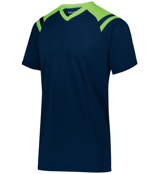 Navy blue V-neck T-shirt with neon green shoulder and neck accents.