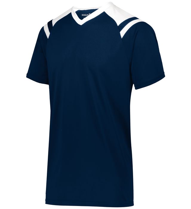 Navy blue athletic t-shirt with white shoulder panels and v-neck collar.