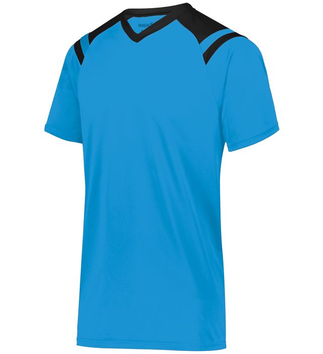 Blue athletic shirt with black shoulder accents and a v-neck collar.