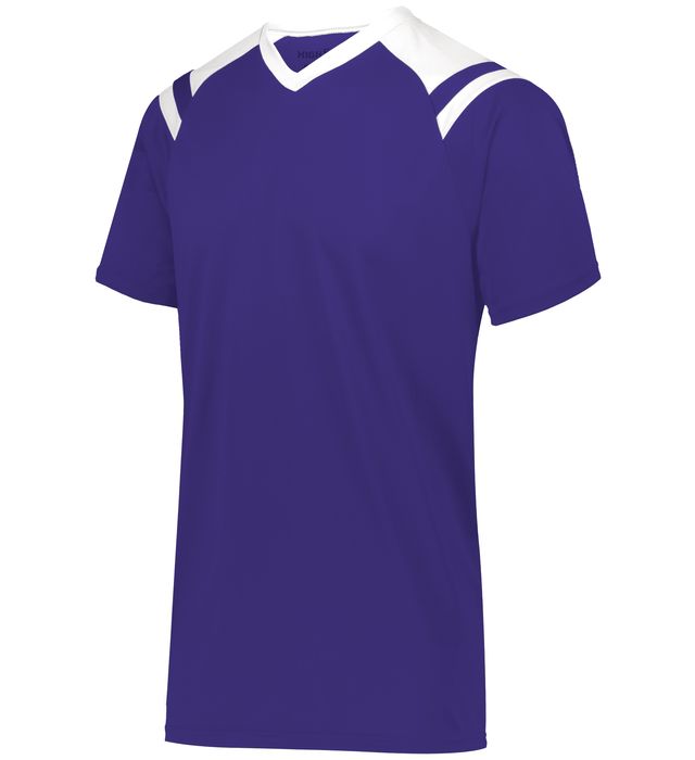 Purple V-neck t-shirt with white shoulder and collar accents.