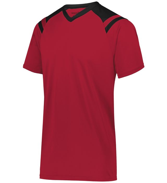 Red athletic shirt with black shoulder and collar accents.