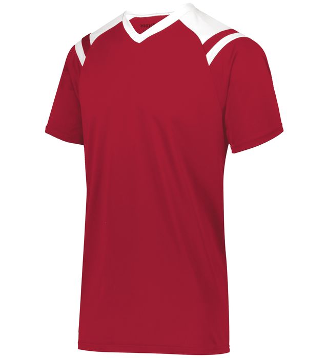 Red athletic shirt with white shoulder accents and v-neck collar.
