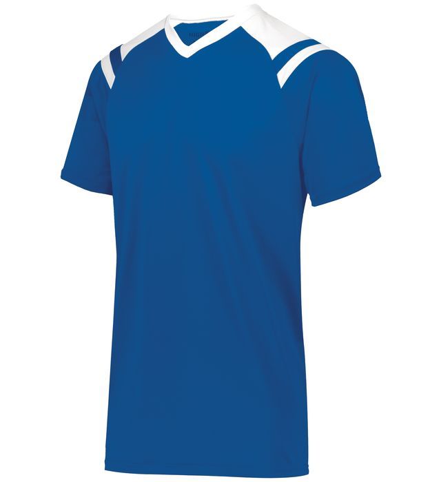 Blue athletic shirt with white accents on the shoulders and collar.