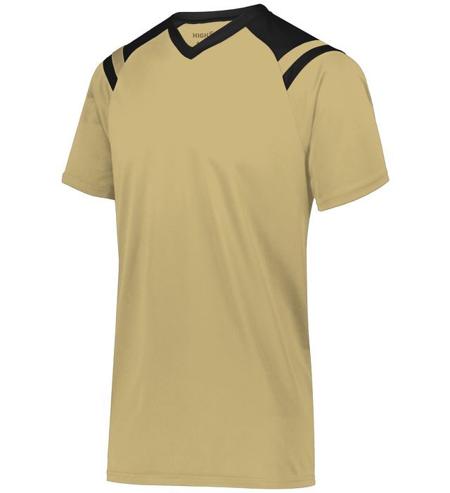 Gold athletic shirt with black shoulder and collar accents.