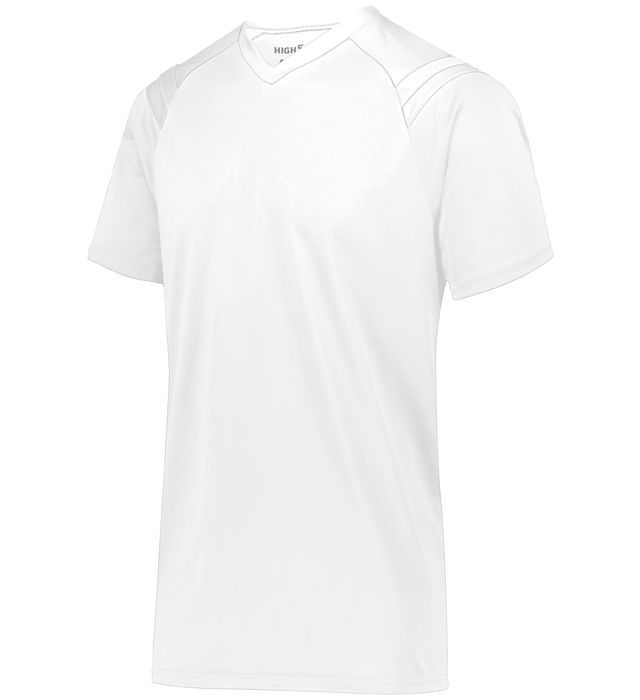 White v-neck athletic shirt with raglan sleeves.