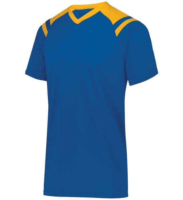 Blue and yellow athletic shirt with a V-neck and shoulder panels.