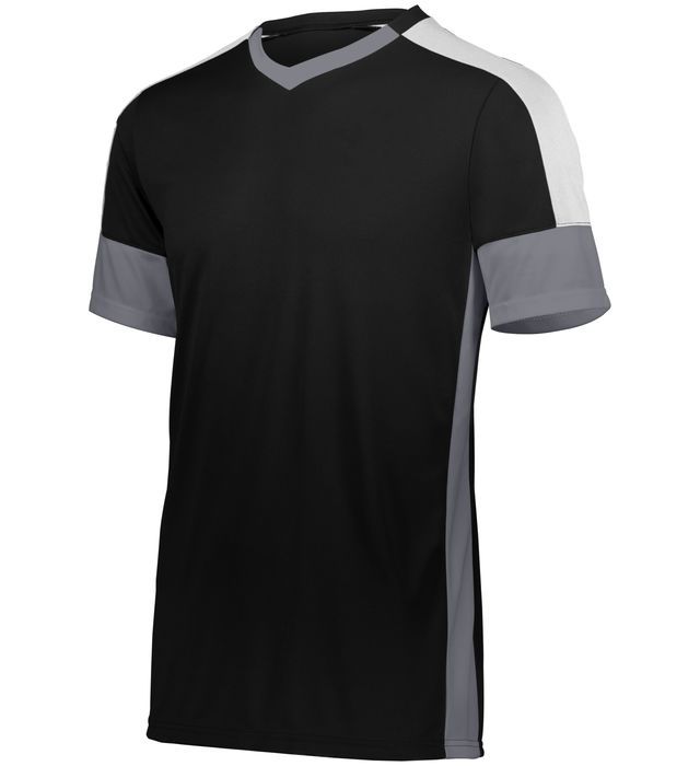 Black athletic shirt with grey and white accents.