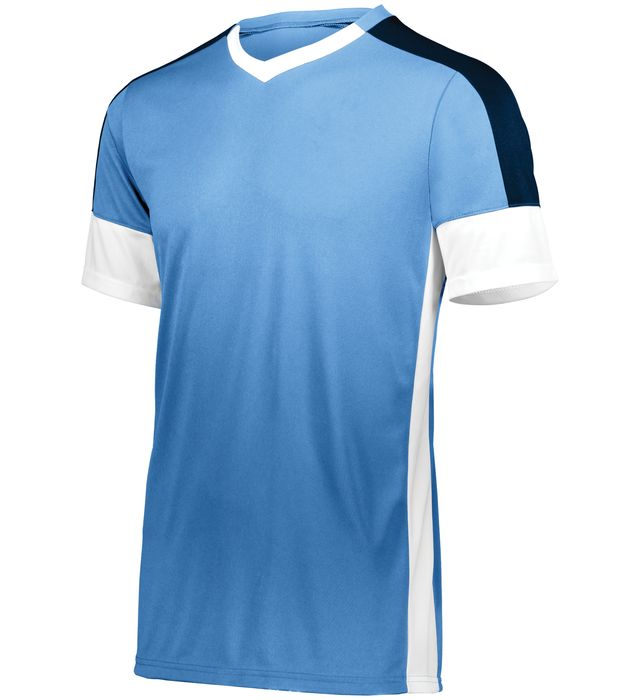 Light blue athletic shirt with white and navy accents.