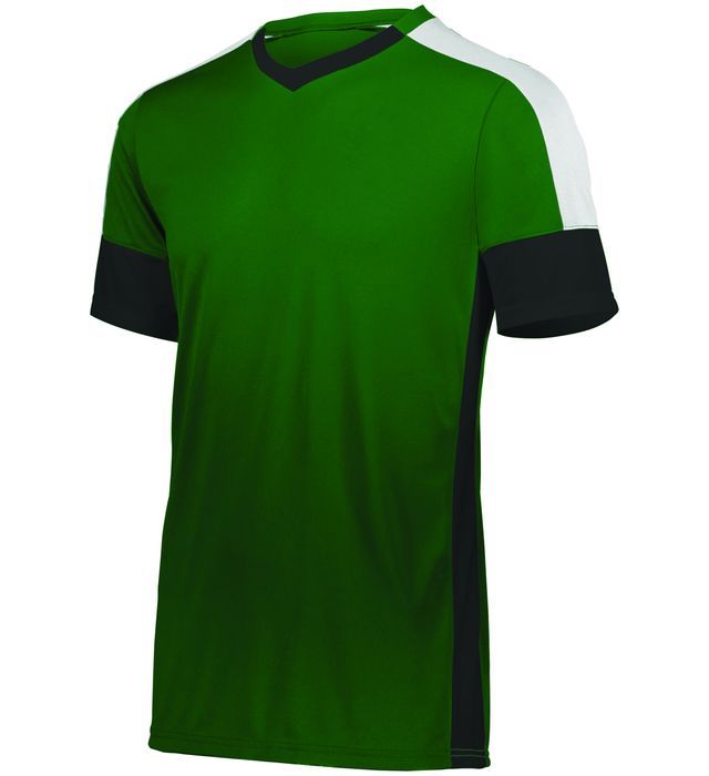 Green and black athletic shirt with white shoulder and black sleeve details.