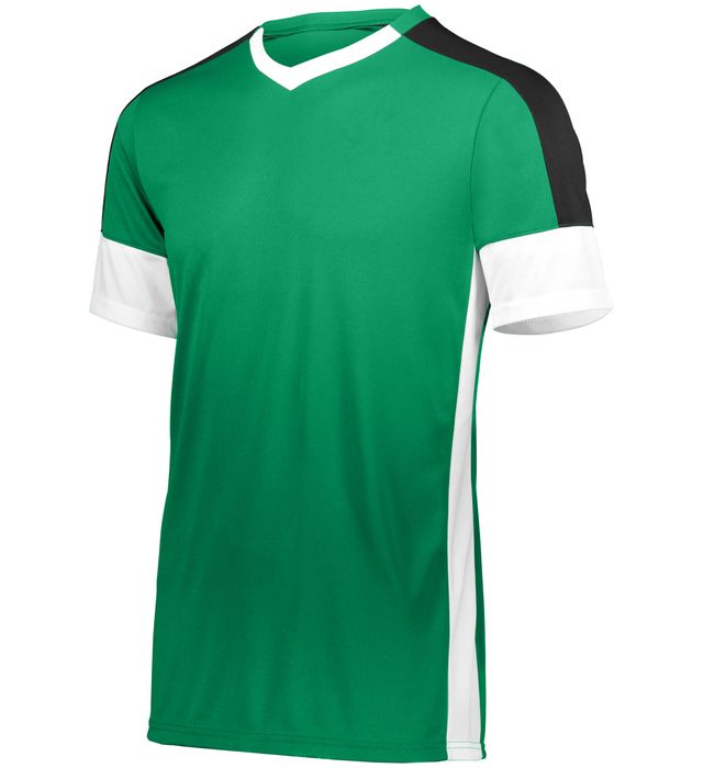 Green athletic shirt with white and black accents.