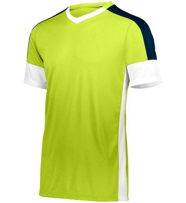 Lime green soccer jersey with white and navy blue accents.