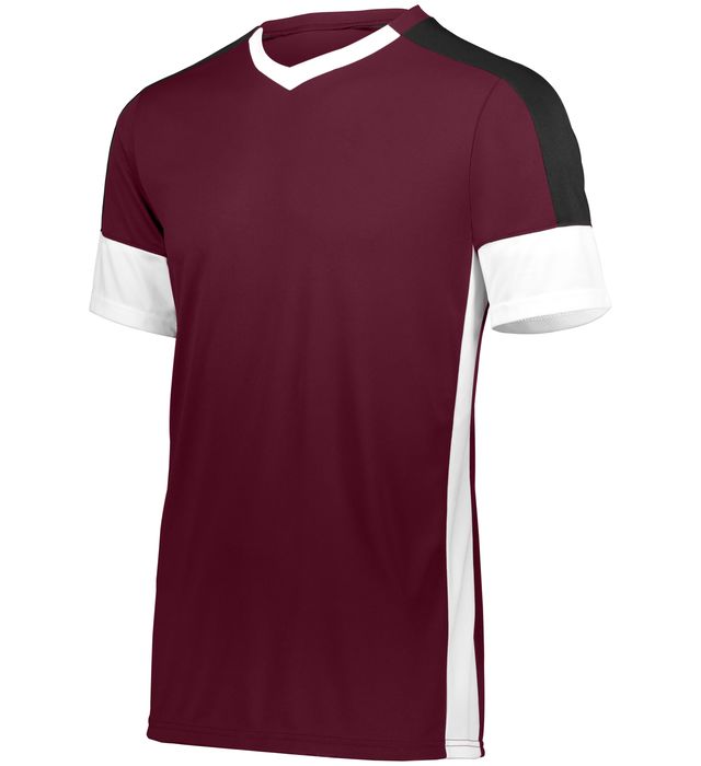 Maroon and white athletic jersey with black shoulder detail.