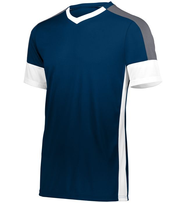 Navy blue sports jersey with white and gray accents; v-neck design.