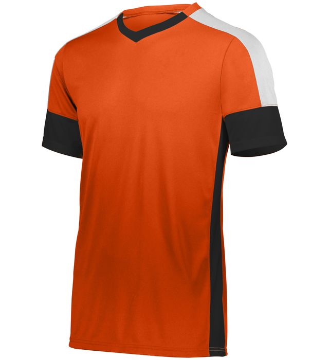Orange athletic shirt with black and white accents.