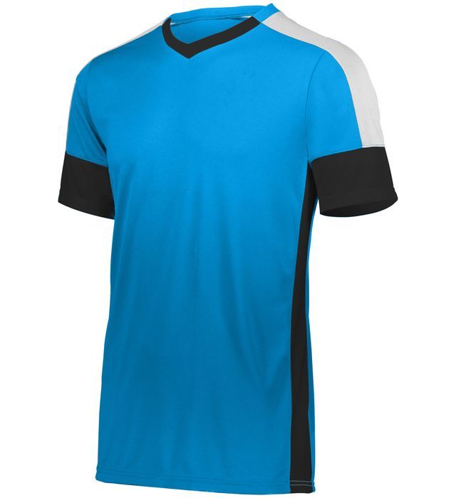 Blue sports jersey with white and black accents.