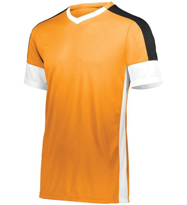 Orange and white athletic jersey with black shoulder detail.