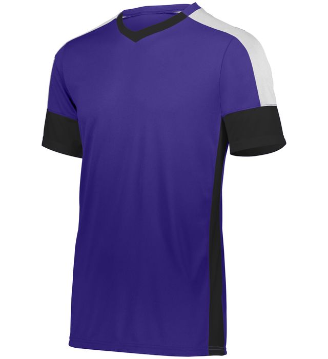 Purple and black sports jersey with white shoulder accents and a V-neck.