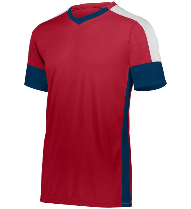 Red athletic shirt with white and navy blue accents.