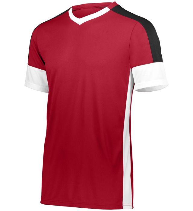 Red soccer jersey with white and black accents.